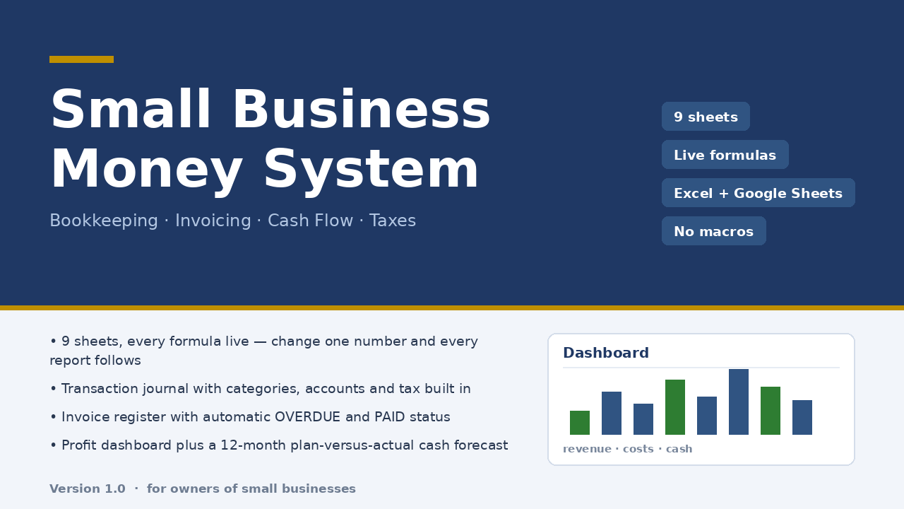 Micro-Business Money System — nine-sheet bookkeeping workbook, cover
